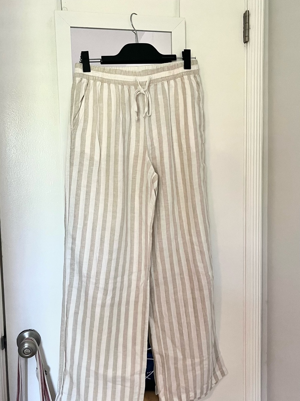 H&M Beige and White Striped Linen Drawstring Pants